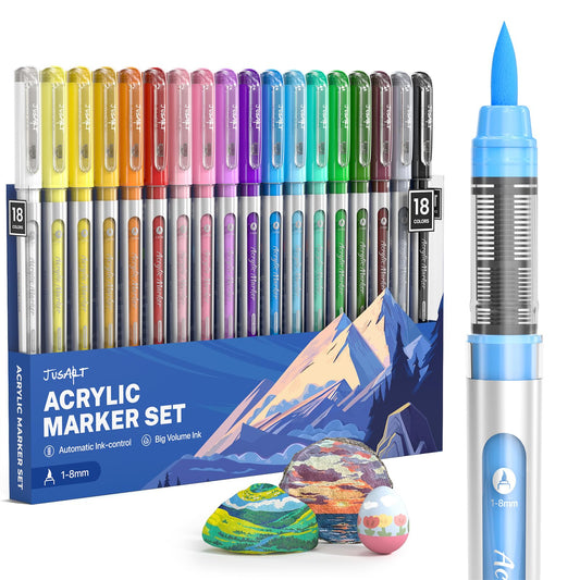 JusArt Acrylic Paint Markers Brush Tip 30 Colors, Water-Based No-Bleed Markers with Automatic Ink Control System, Waterproof Acrylic Paint Pens for Rock, Egg, Wood, Fabric, Glass, DIY Crafts