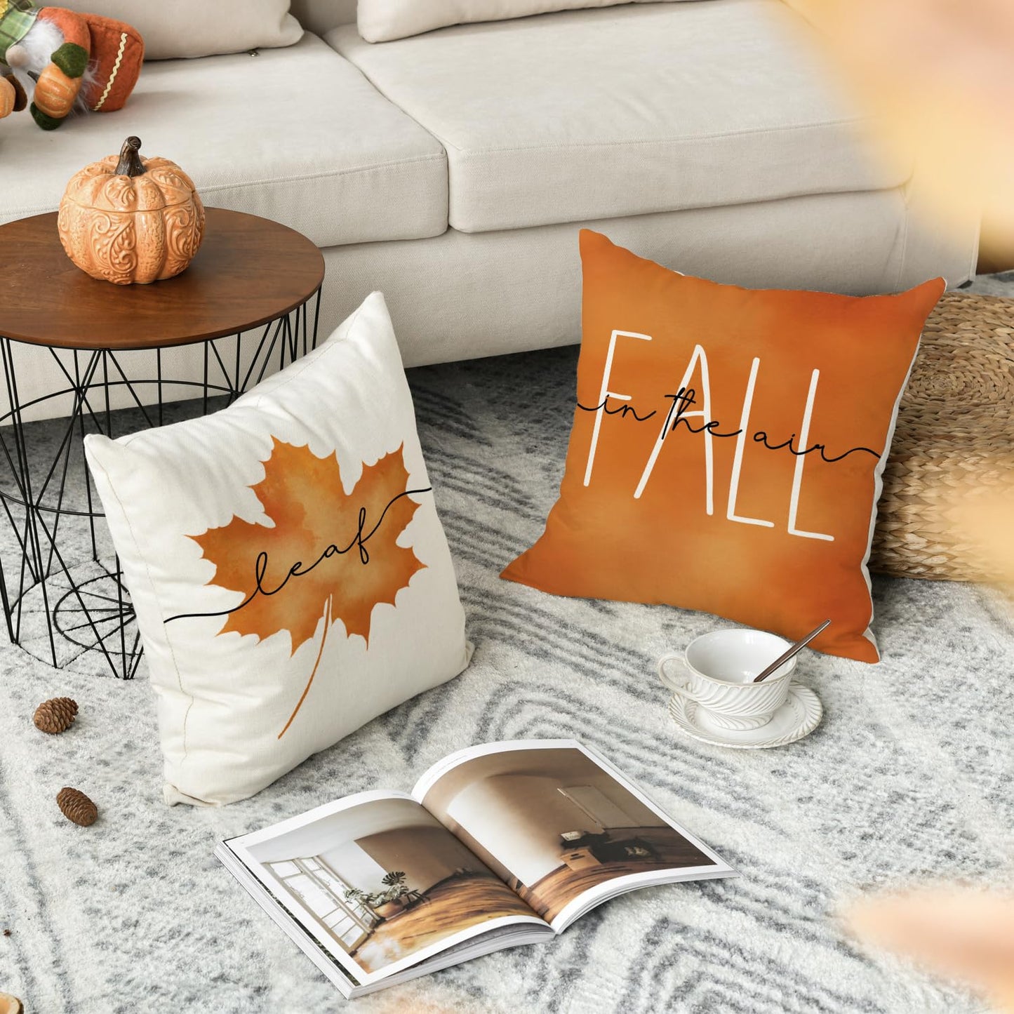 AVOIN colorlife Hello Pumpkin Fall Happy Harvest Maple Leaf Throw Pillow Covers, 20 x 20 Inch Pillows Autumn Seasonal Cushion Case for Sofa Couch Set of 4