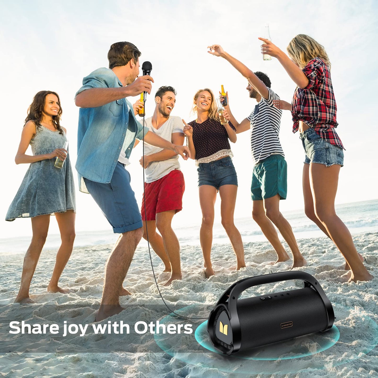 Monster Adventurer Max Portable Bluetooth Speaker, IPX7 Waterproof Wireless Speaker with Double Subwoofer Rich Bass, 100W Stereo Loud Sound with 24H Playtime for Outdoor, Beach, Gold
