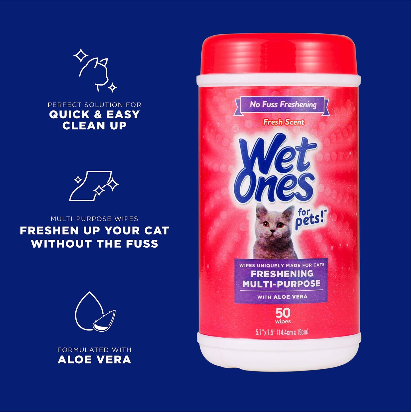 Wet Ones for Pets Cat Cleaning Wipes - Fresh Scent Cat Grooming Wipes with Aloe Vera - Safe Cat Hygiene Supplies - Cat Fur Cleaner - Cat Dander Wipes - Kitten Wipes - Pet Cleaning Supplies - 50 Count
