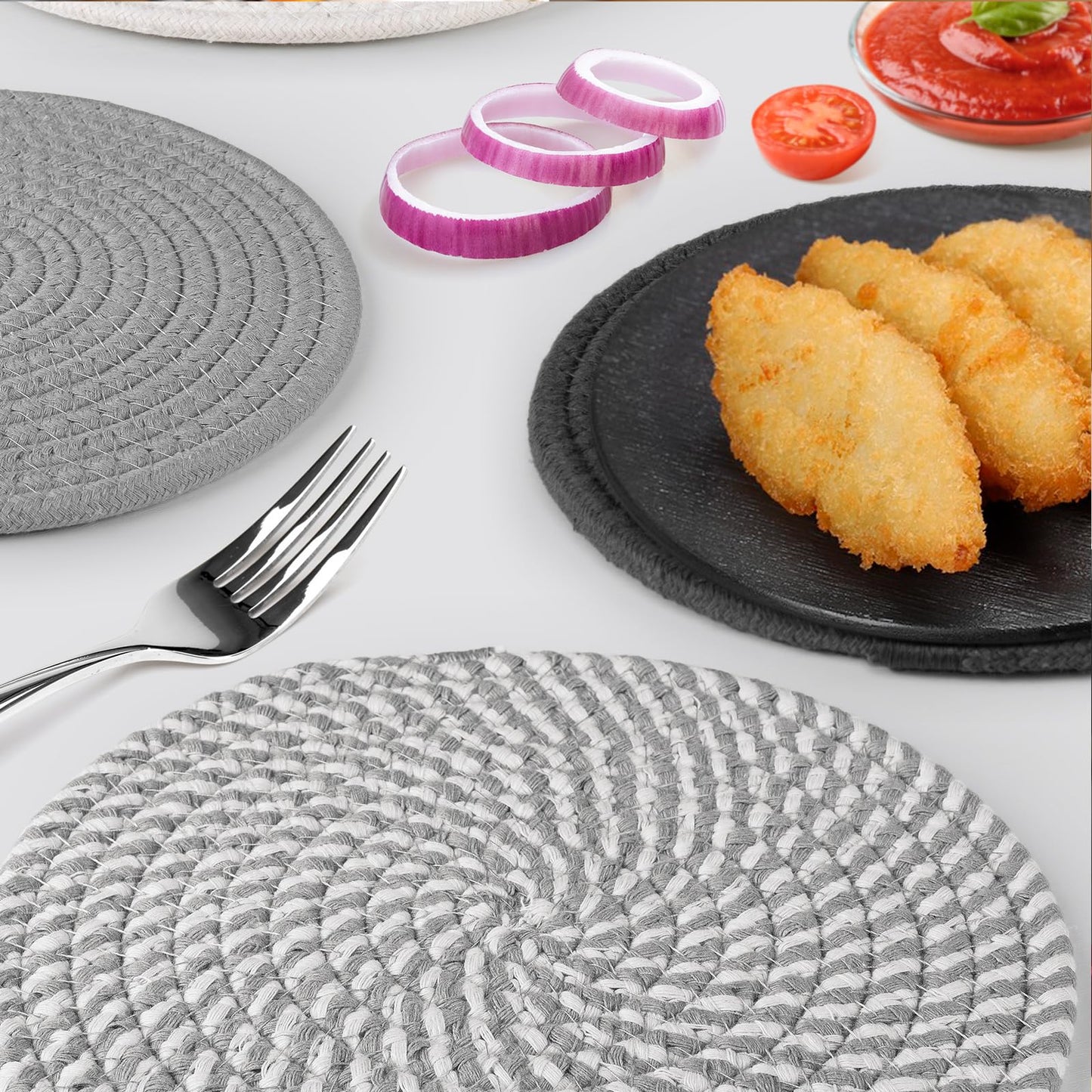 8" Trivets for Hot Dishes, Hot pots and Pans,6 Heat Resistant Hot Pads and Storage Basket 1 Pack,Pot Holders for Kitchen, Hot Plate Mats for Kitchen Countertops
