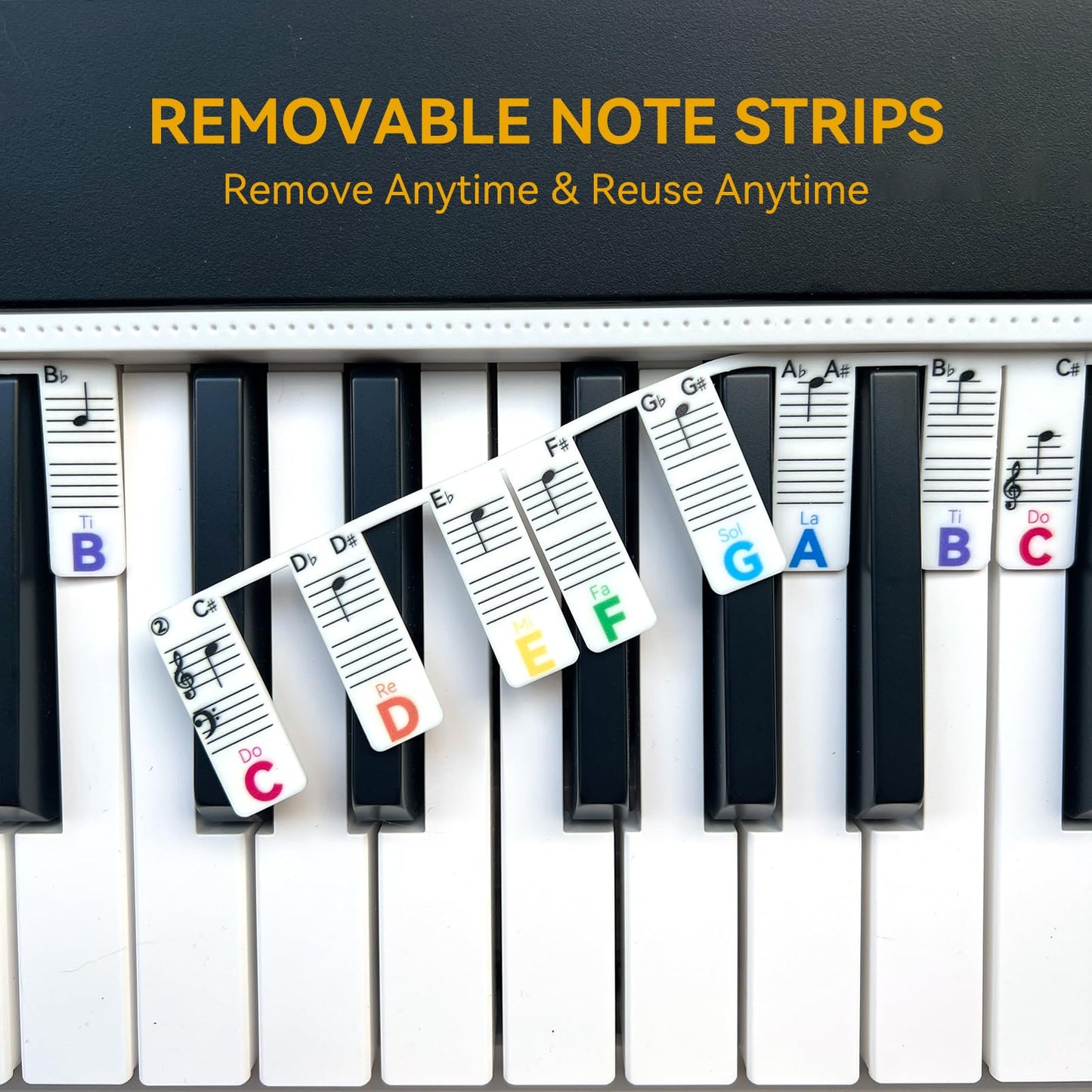 BEATBIT Piano Note Strips with Solfege (Do Re Mi…), Fit 61/54/49 Key Piano Learning, Removable Piano Keyboard Stickers