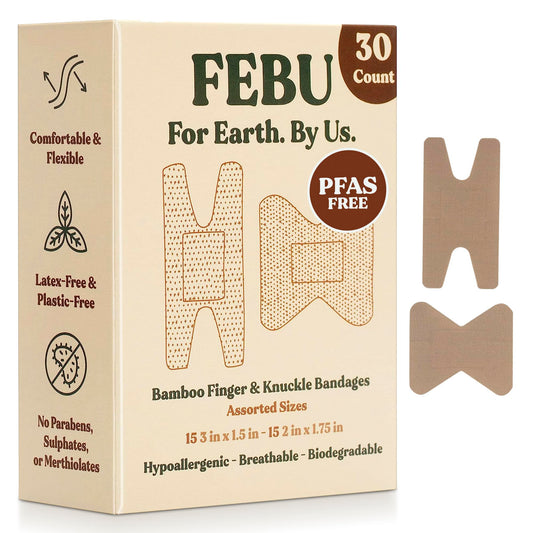 FEBU Eco-Friendly Bamboo Fabric Bandages | PFAS Free Flexible Fabric Bandages | Natural Hypoallergenic Bandage for Scrapes, Cuts & First Aid | Fully Compostable, Latex Free Bandage | 75 Count Strip