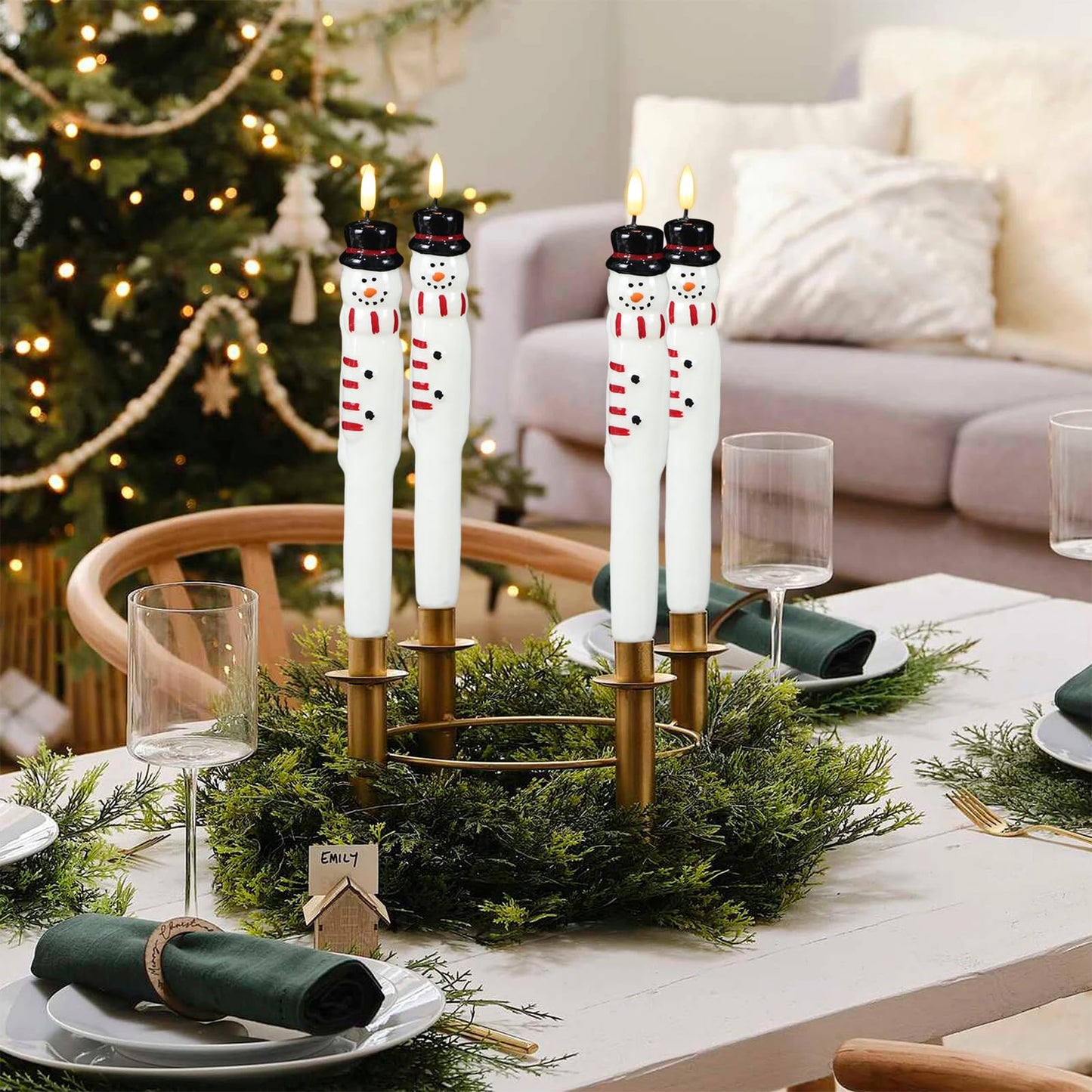 GenSwin Christmas Taper Candles with Remote Timer, 2 Pcs Snowman LED Taper Candles with 3D Flame, Battery Operated Taper Candlesticks for Christmas Winter Home Decorations(0.79” x 11.4”)