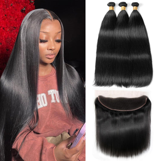 MIRONICA Straight Human Hair Bundles with Frontal 26 28 30 + 24 Brazilian 3 Bundles Deals Human Hair with 13x4 Lace Frontal Free Part 12A 100% Unprocessed Virgin Double Machin Weft Hair Extensions