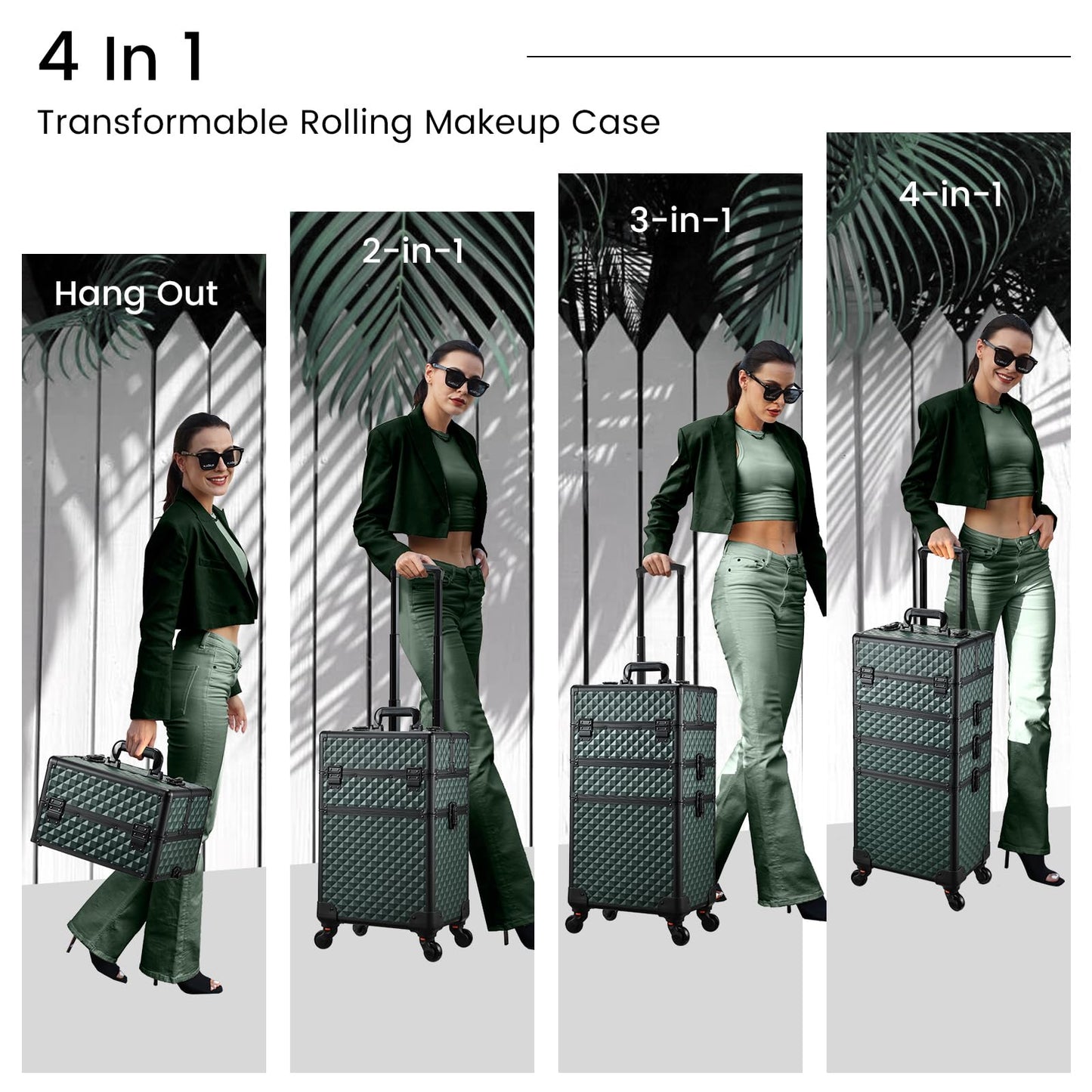 Stagiant Rolling Makeup Train Case Cosmetology Case on Wheels 4 in 1 Cosmetic Box Makeup Travel Case with Key Swivel Wheels Nail Artist Salon Barber StorageTraveling Cart Trunk Dark Green