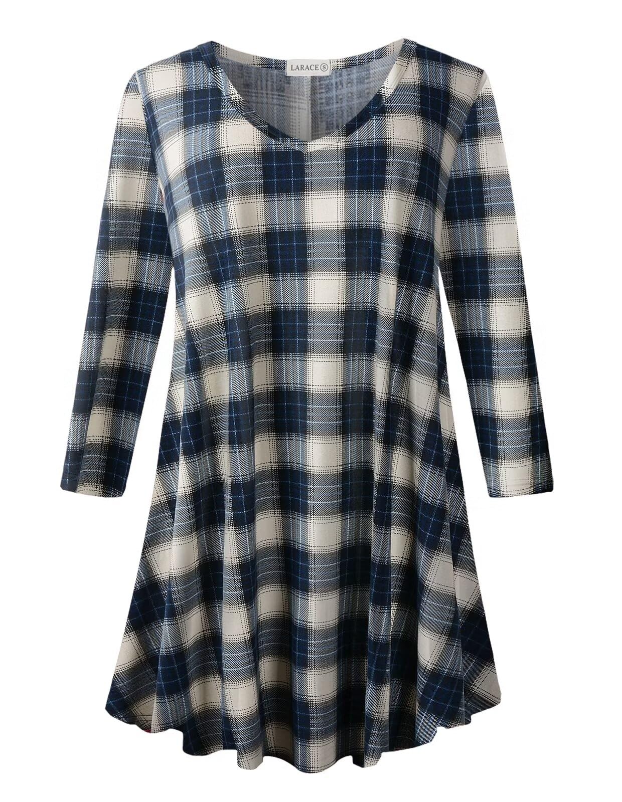 LARACE Plus Size Tops for Womens Plaid Shirts 3/4 Sleeve V Neck Tunics Loose Fit Clothing Flowy Casual Blouses(6-Khaki 2X)