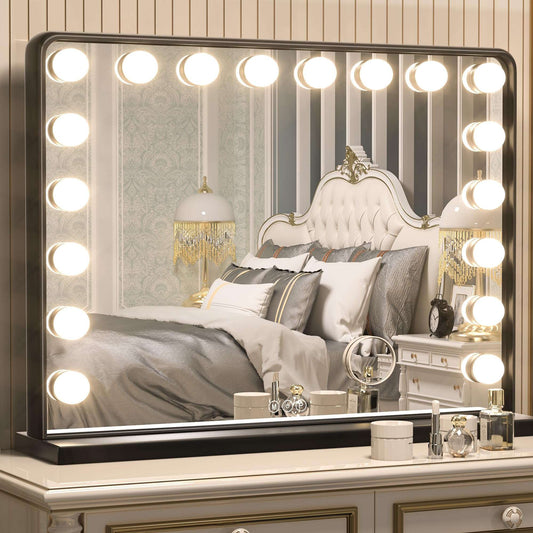 Keonjinn Large Black Vanity Mirror with Lights, 18 Replaceable Bulbs Hollywood Makeup Mirror with 2 Replacement Bulbs, 3 Color Lights, Aluminum Metal Frame, USB Charging Port, 32" x 24" Lighted Mirror