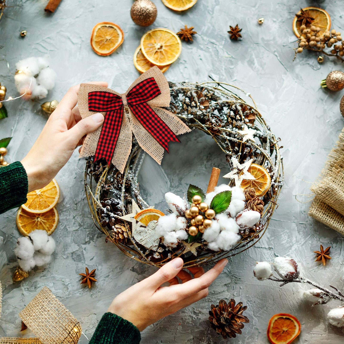 Syhood 12 Pieces Burlap Bows 4.8 x 4.8 Inches for Christmas Tree - Double Layer Plaid Wreath Decorative for Christmas Decorate Tree Festival Holiday Party Supplies (Red and Black)