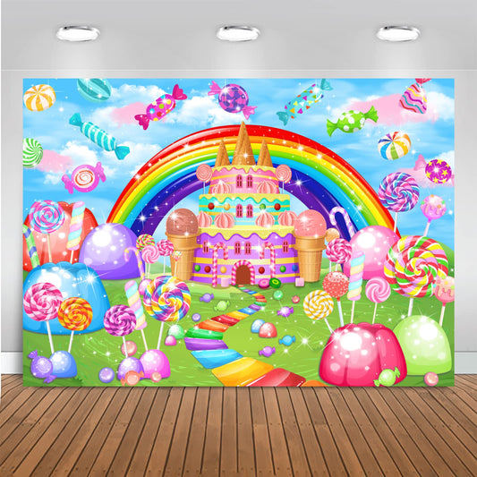 Mocsicka Sweet Candyland Backdrop Lollipop Sweetest Candy Theme Birthday Party Decoration for Girl Candy Ice Cream Castle Rainbow Party Banner Sweetest Day Wall Decorations(82''x60'')