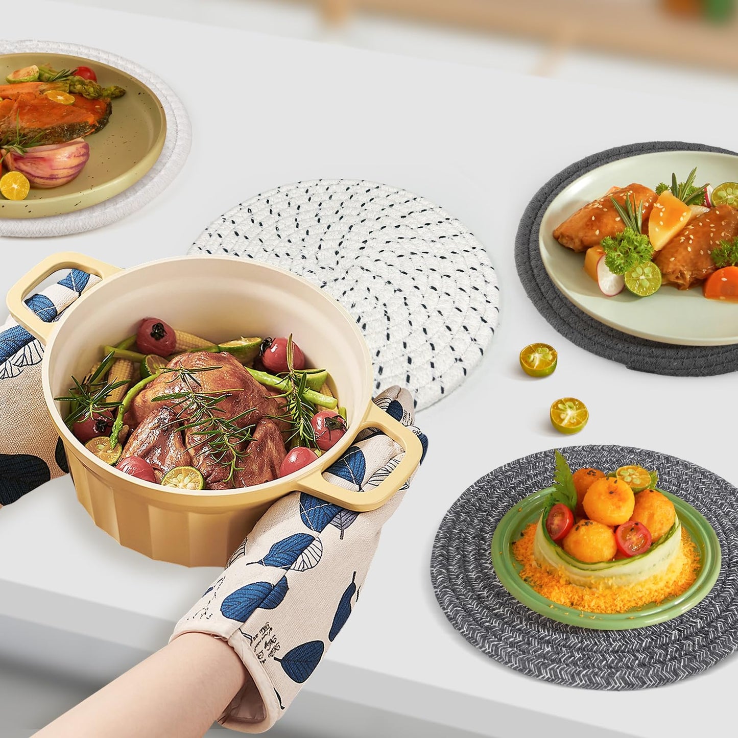 8" Trivets for Hot Dishes, Hot pots and Pans,6 Heat Resistant Hot Pads and Storage Basket 1 Pack,Pot Holders for Kitchen, Hot Plate Mats for Kitchen Countertops