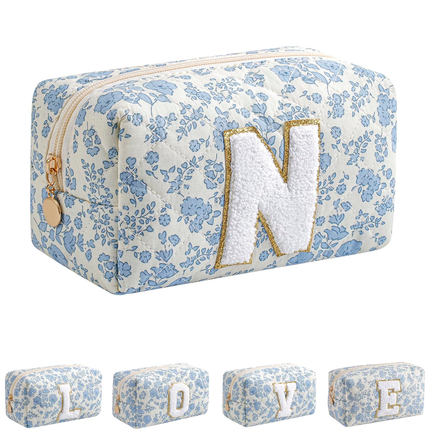 JOVAKIT Alphabet Makeup Bag Cosmetic Bag for Women, Christmas Gifts for Girls Age 6-18, Floral Flowers Coquette Travel Toiletry Zipper Make Up Pouch Organizer Trendy Stuff (Blue Floral M)