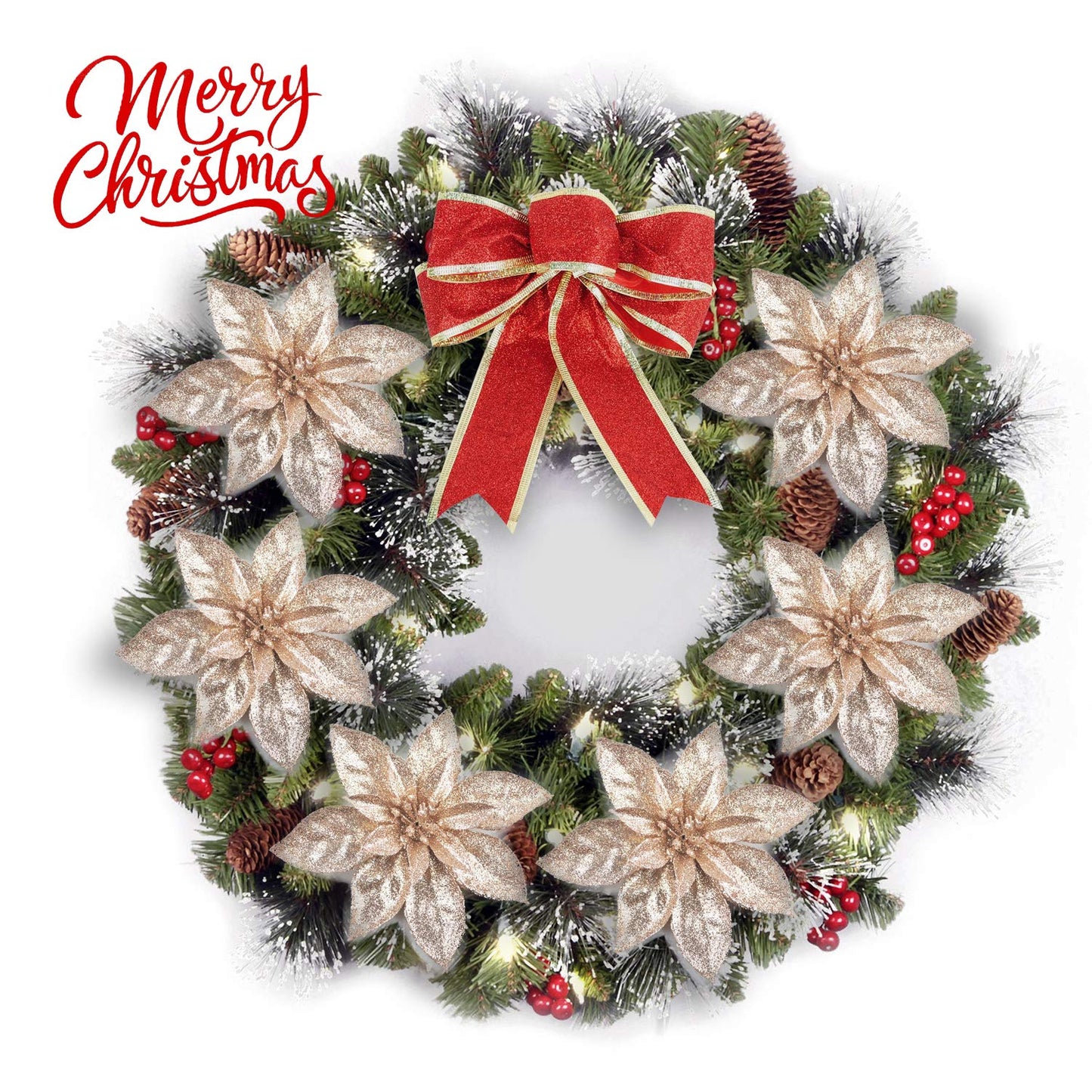 GL-Turelfies 12 Pcs Glitter Christmas Flowers(16cm/6.3’’) with 12 Pcs Clips Artificial Poinsettia Flower Christmas Tree Flower Decorations Xmas Tree Ornaments (Champagne)