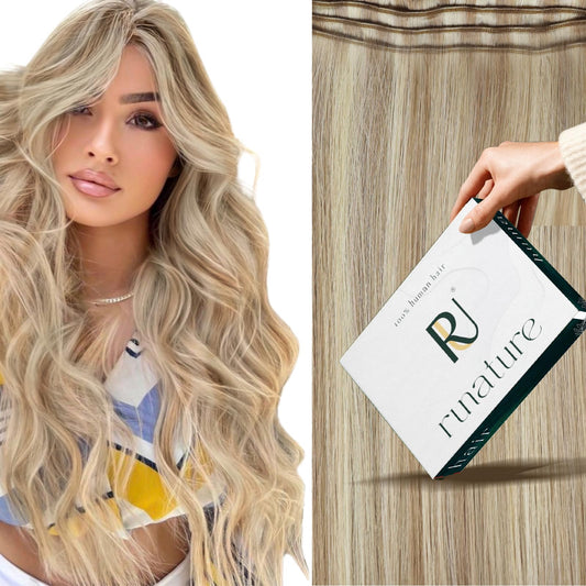 RUNATURE Weft Hair Exensions Human Hair 22 Inch Ash Blonde Highlight Paltinum Blonde Long Human Hair Double Weft Extensions Straight Weft Sew in Hair Extensions Real Human Hair Weft Silky 100g