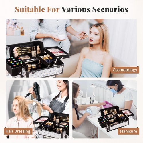 AROUS Rolling Makeup Train Case with Large Drawer, Multi-functional Cosmetic Trolley with 360° Swivel Wheels Keys, Large Storage Traveling Cart Trunk, Train Cases for Nail Technicians