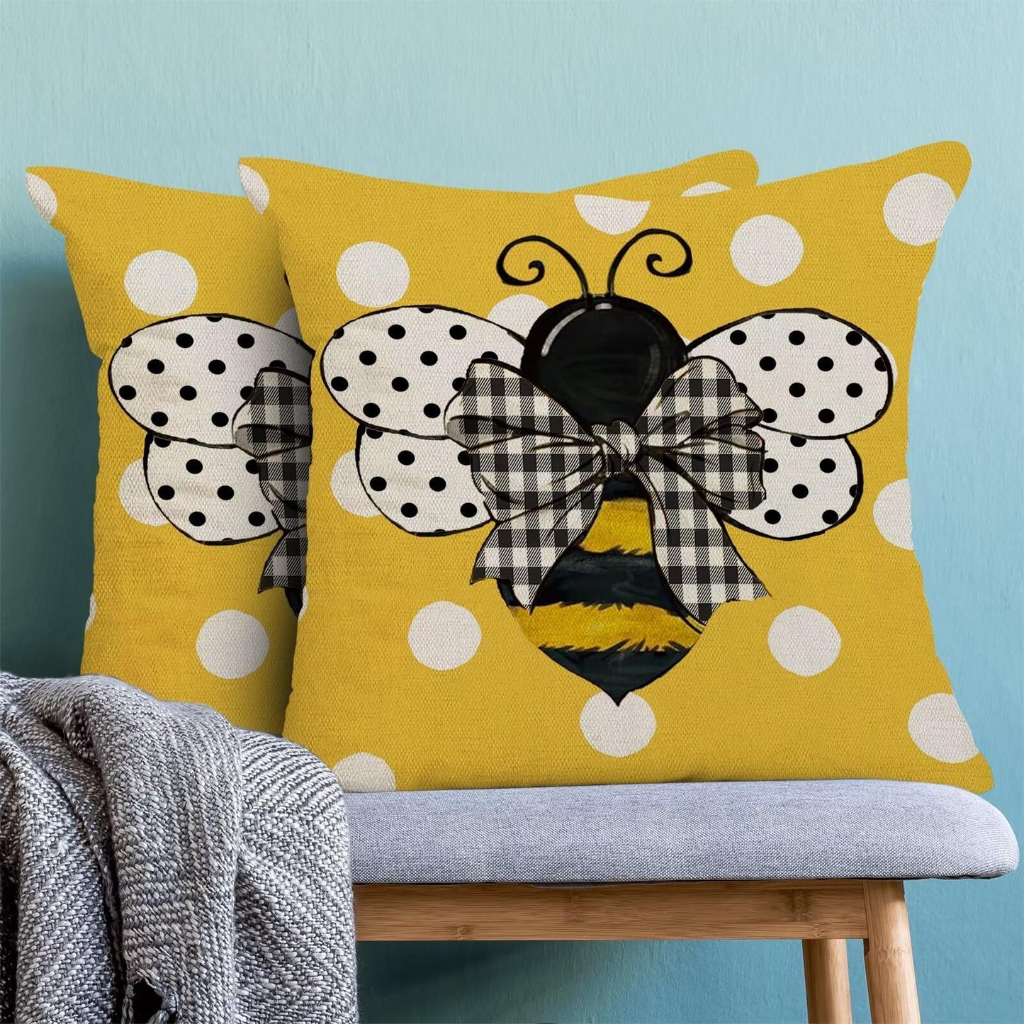 Yellow Bee Pillow Covers 20x20 Set of 2 Polka Dots Outdoor Decorative Throw Pillow Covers Summer Farmhouse Seasonal Linen Cushion Case for Home Sofa Couch Outdoor Decor