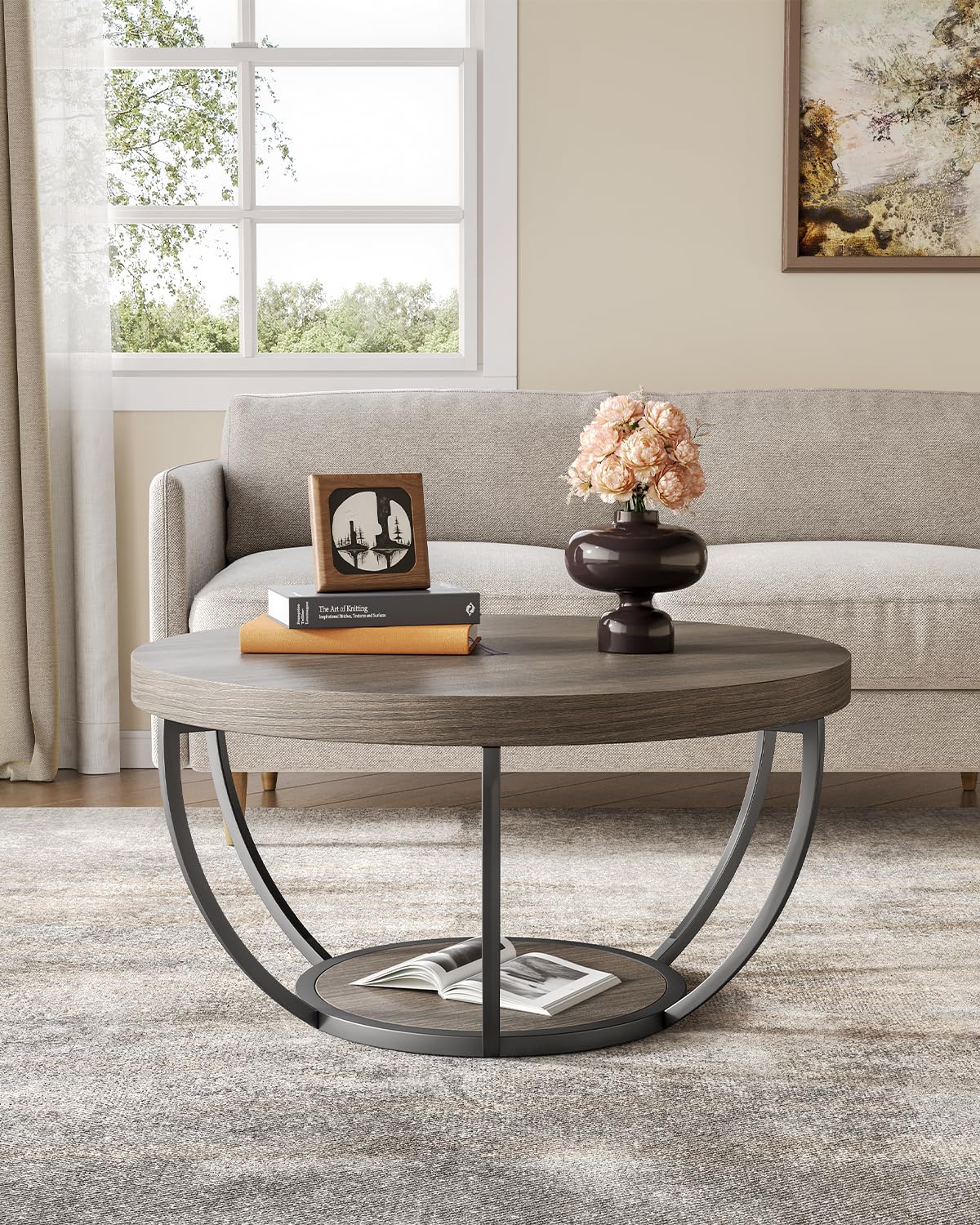 LITTLE TREE Round Coffee Table, 32" Circle Coffee Table for Living Room, 2-Tier Wood Accent Center Table with Open Storage Industrial Design Home Furniture (Grey and Black)
