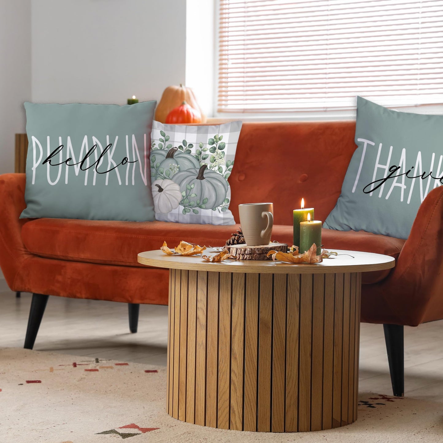 FUTBU Fall Pillow Covers 18x18, Fall Decorations Indoor Pillow Covers Set of 4 Blue, Autumn Decor Pumpkin Eucalyptus Leaves Throw Pillow Covers Harvest for Couch Sofa Living Room Outdoor Thanksgiving