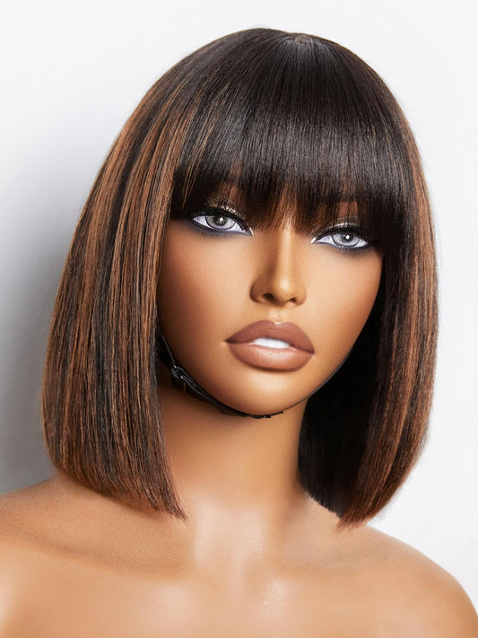 LUVME HAIR 10 Inch Yaki Straight Bob Wig with Bangs Human Hair Glueless HD Lace Bob Wig with Brown Highlights, Ready to Go Short Wigs For Women 180 Density (Breathable Cap)