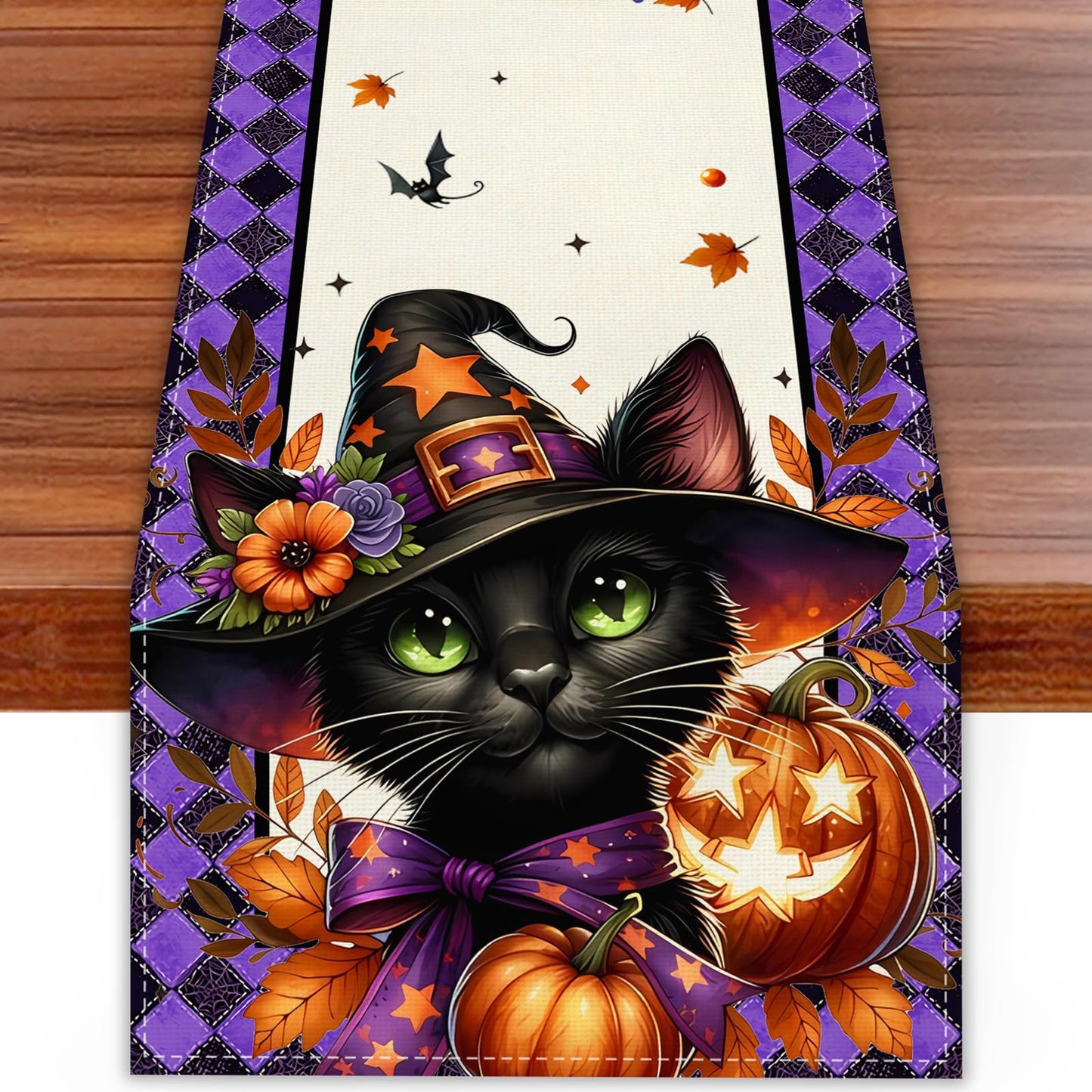Pumpkins Bats Black Cat Halloween Table Runner 72 Inch Seasonal Fall Kitchen Dining Table Decorations for Home Party Decor