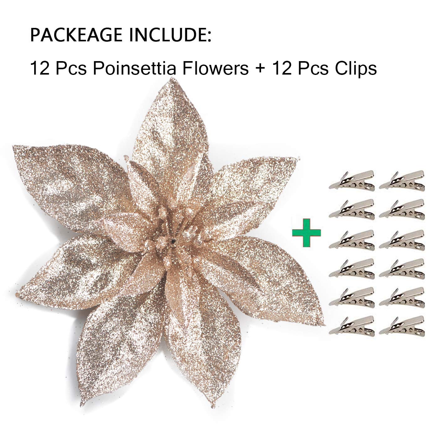 GL-Turelfies 12 Pcs Glitter Christmas Flowers(16cm/6.3’’) with 12 Pcs Clips Artificial Poinsettia Flower Christmas Tree Flower Decorations Xmas Tree Ornaments (Champagne)