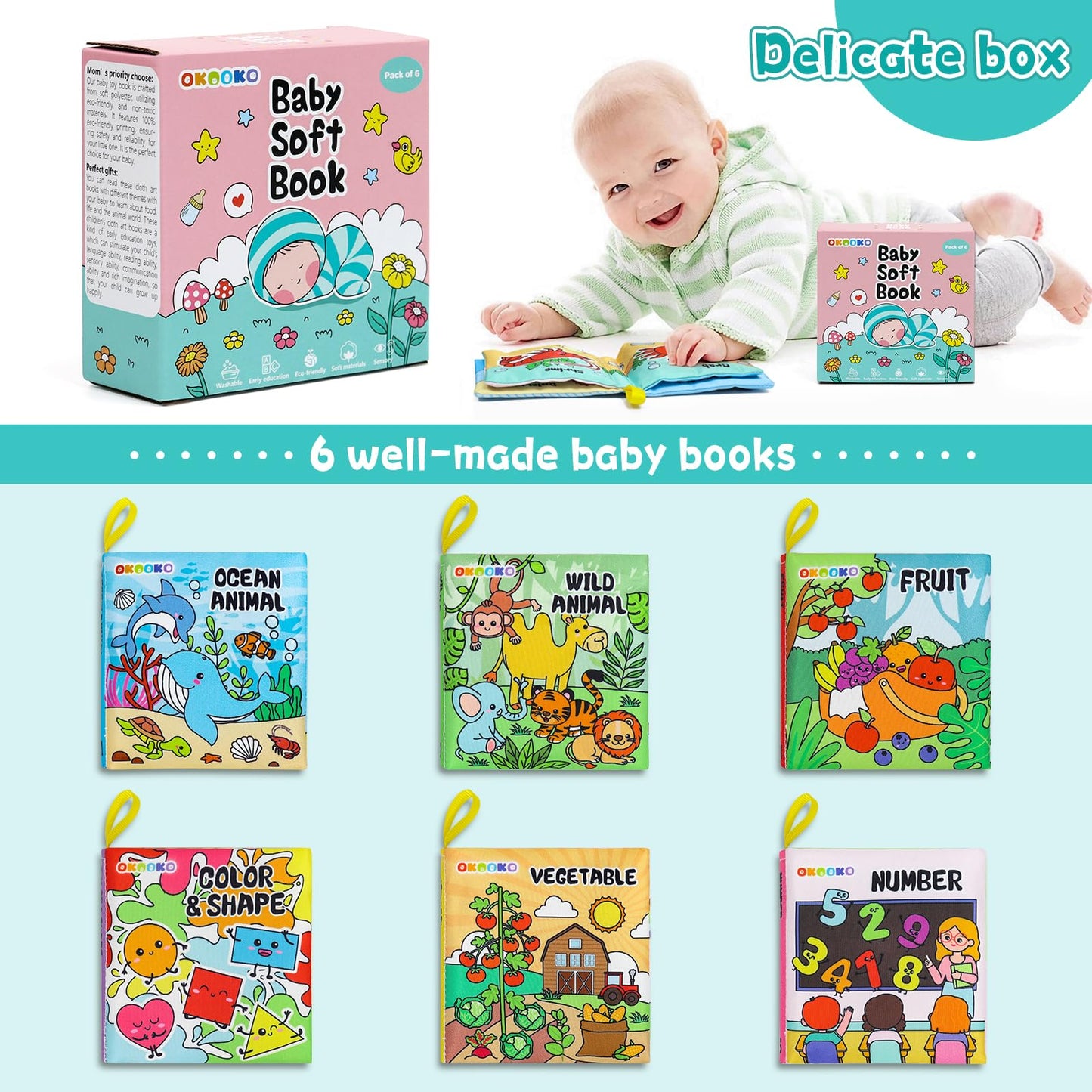 OKOOKO Soft Baby Books 6PCS Soft Cloth Books Bath Books Crinkle Washable Non-Toxic Early Education Preschool Learning Toy for Newborns Babies Infants Toddlers Kids