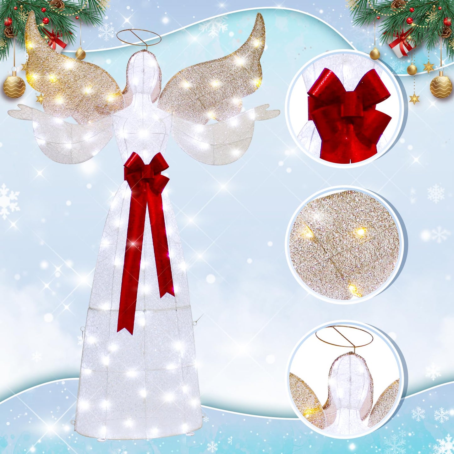 VIKIMORA 65" Lighted Angel Christmas Decoration, 3D Halo Angel with Golden Wings, White LED Lights, Outdoor/Indoor Use