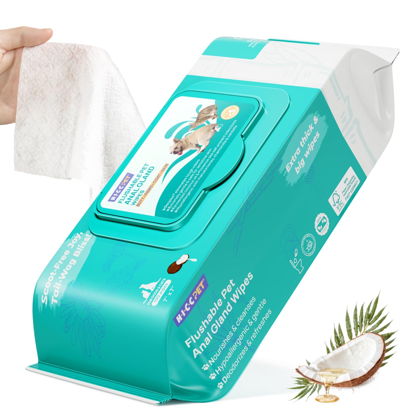 HICC PET Wipes for Dogs & Cats, Cleansing Deodorizing & Soothing Allergy Infections Anal Gland Pets Wipes with Coconut Oil - Dog Grooming Wipes for Butt and Paw - Hypoallergenic & Vet Recommended