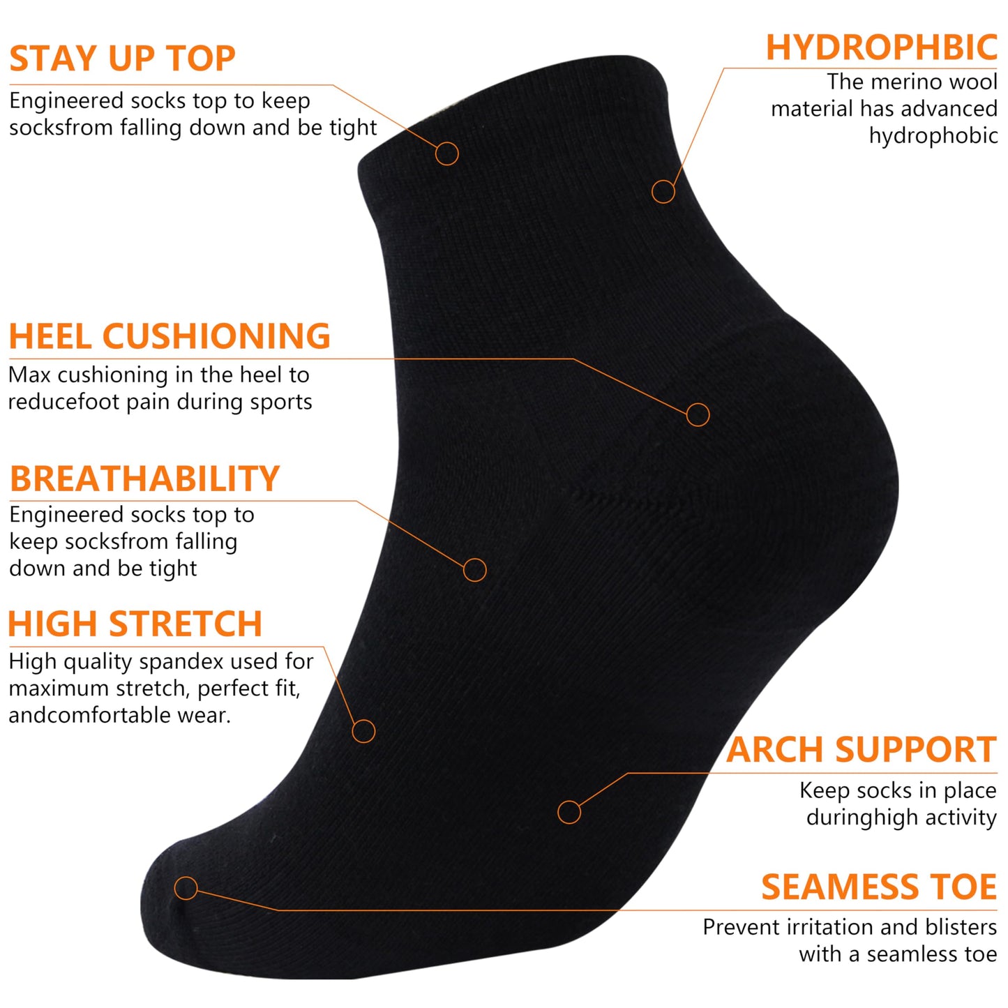 RTZAT 90% Merino Wool Ankle Men's Women's Athletic Business Casual Running Moisture Wicking Everyday Thin Wool Socks, Large, Black, 3 Pairs