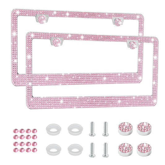 Amiss Bling License Plate Frame for Women, 2Pack Rhinestone Handcrafted Crystal Premium Stainless Steel, Stainless Steel Car Accessories with Diamond Sparkle Glitter Caps (Pink)