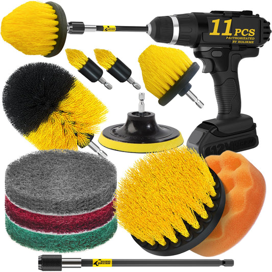 Holikme 11 Piece Drill Brush Attachment Set Scouring Pads Power Scrubber Brush Scrub Pads for Bathroom Surfaces, Floor, Tub, Shower, Grout, Tile, Corners,Cleaning Brush