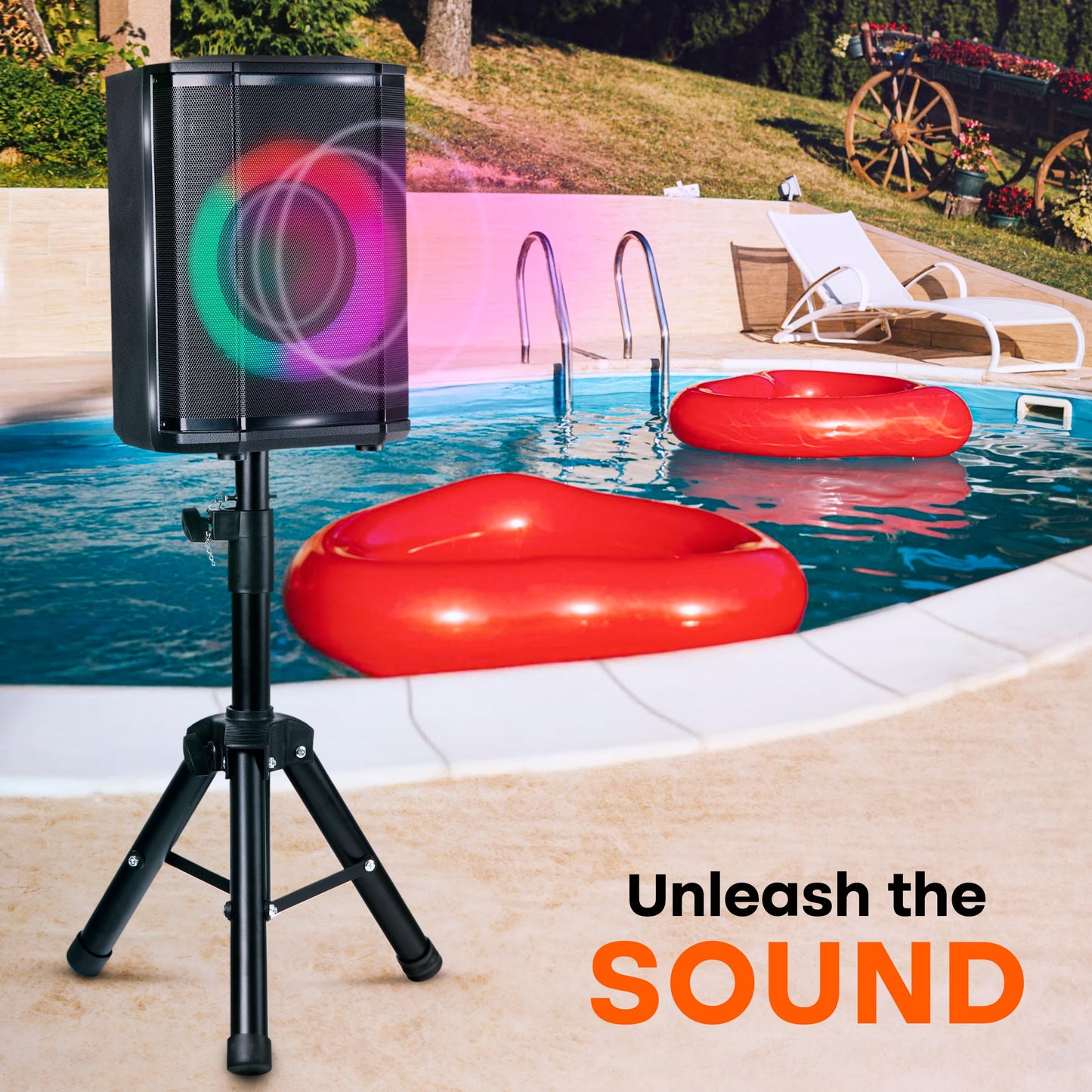 Pyle Portable Bluetooth Speaker with 8" Inch Woofer, TWS Function, Mic Input, USB/Micro SD/FM Radio, Colorful Ring Lights, 120W Rechargeable Battery, Tripod Stand, Hi-Fi Sound, Indoor/Outdoor Use
