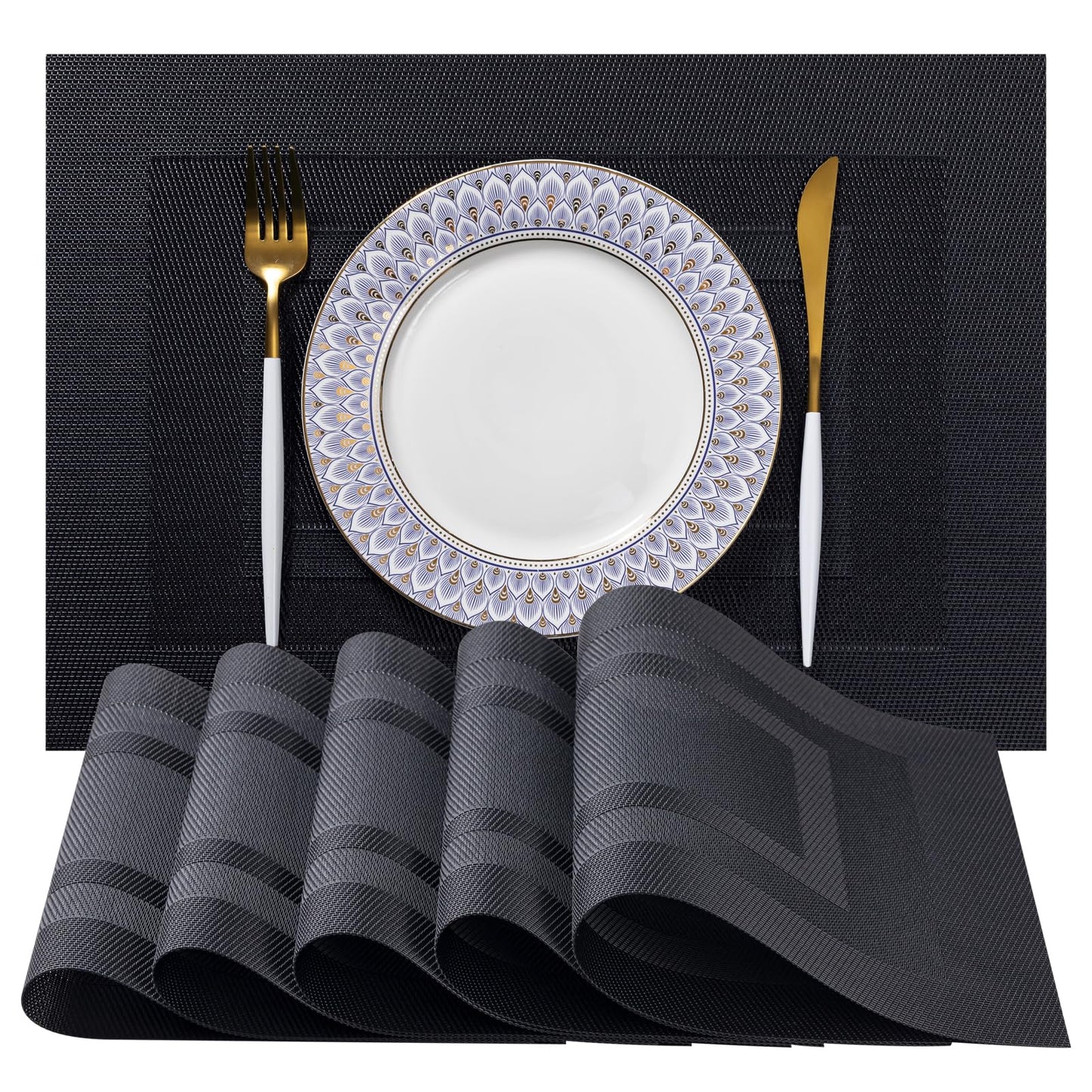 LEXMORE Placemats Set of 6 Vinyl/Plastic Woven Place Mats for Kitchen Table Indoor/Outdoor Washable Placemat Wipeable Dining Table Mats(Black Cube)