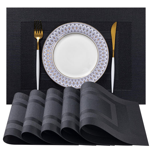 LEXMORE Placemats Set of 6 Vinyl/Plastic Woven Place Mats for Kitchen Table Indoor/Outdoor Washable Placemat Wipeable Dining Table Mats(Black Cube)