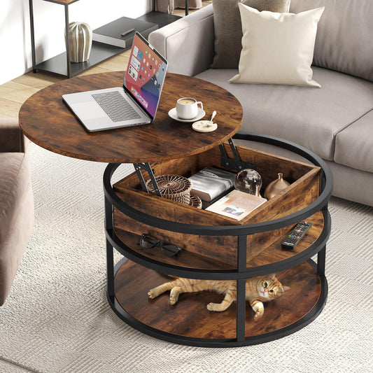YITAHOME Round Lift Top Coffee Table with Storage, Brown Farmhouse Coffee Tables for Living Room Modern Coffee Table with Hidden Storage Compartment, Round Center Tables Living Room Home Office, Brown