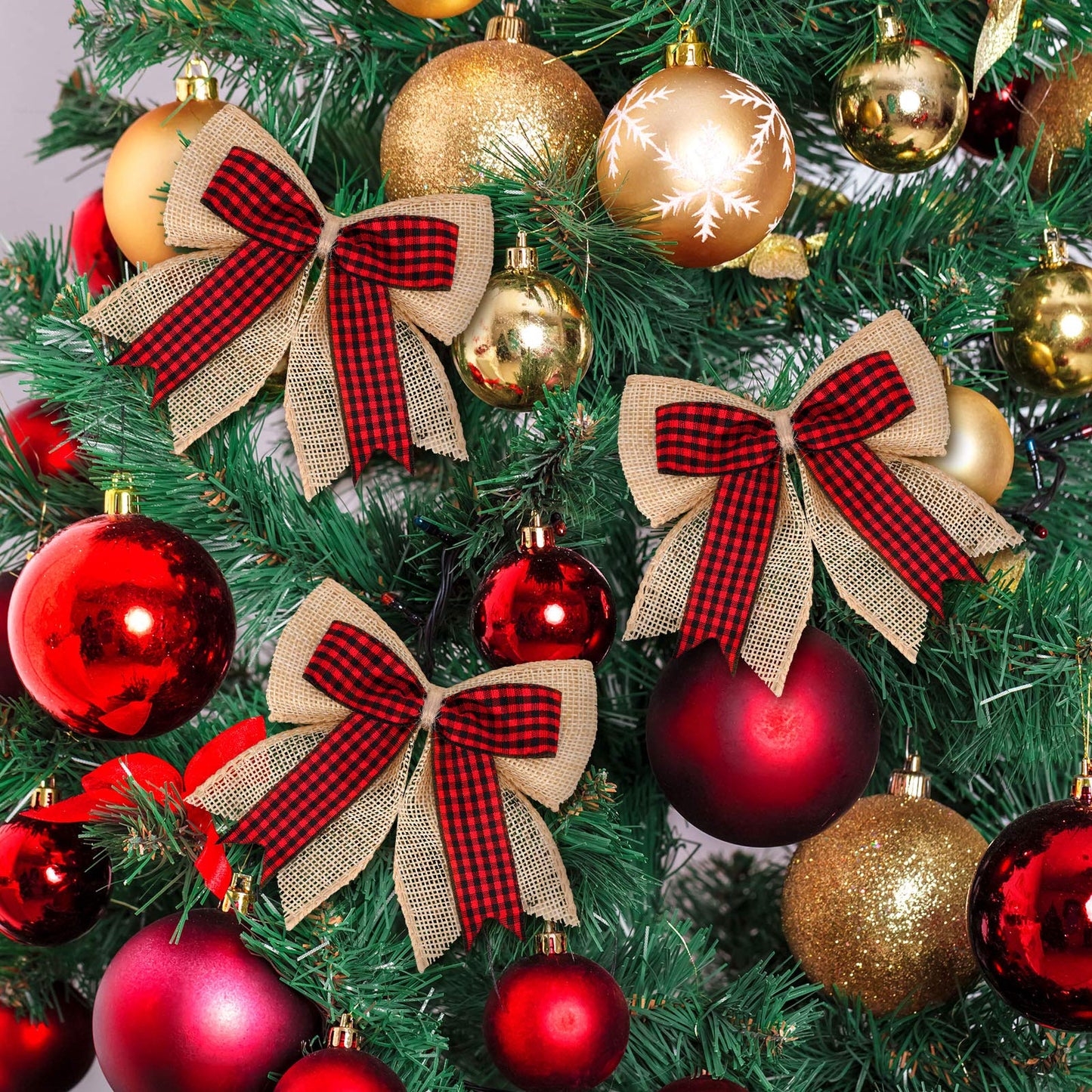 Syhood 12 Pieces Burlap Bows 4.8 x 4.8 Inches for Christmas Tree - Double Layer Plaid Wreath Decorative for Christmas Decorate Tree Festival Holiday Party Supplies (Red and Black)