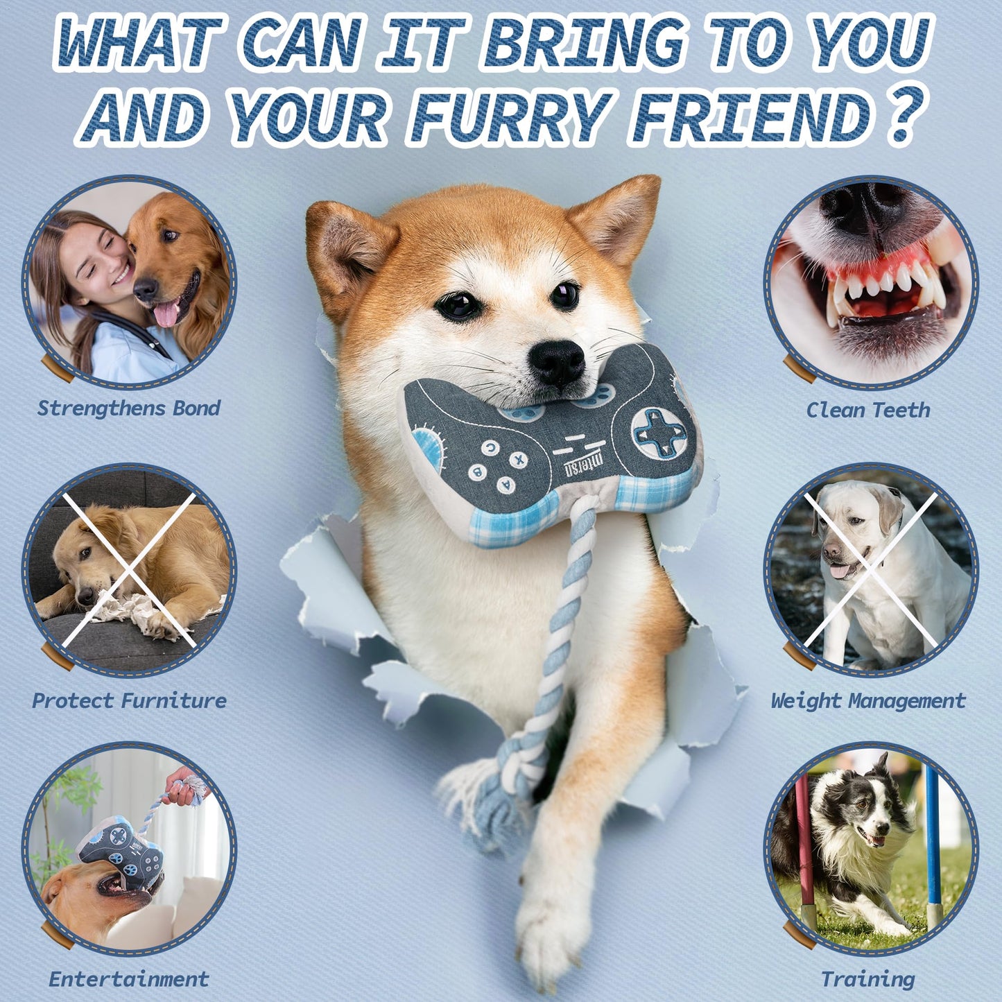 MTERSN Dog Squeaky Toys : Cute Plush Dog Toy with 3 Squeakers and Interactive Dogs Rope Toy with Full Crinkle Paper - Funny Game Controller Shaped Pet Toys for Puppy, Small, Medium Dogs (Denim)