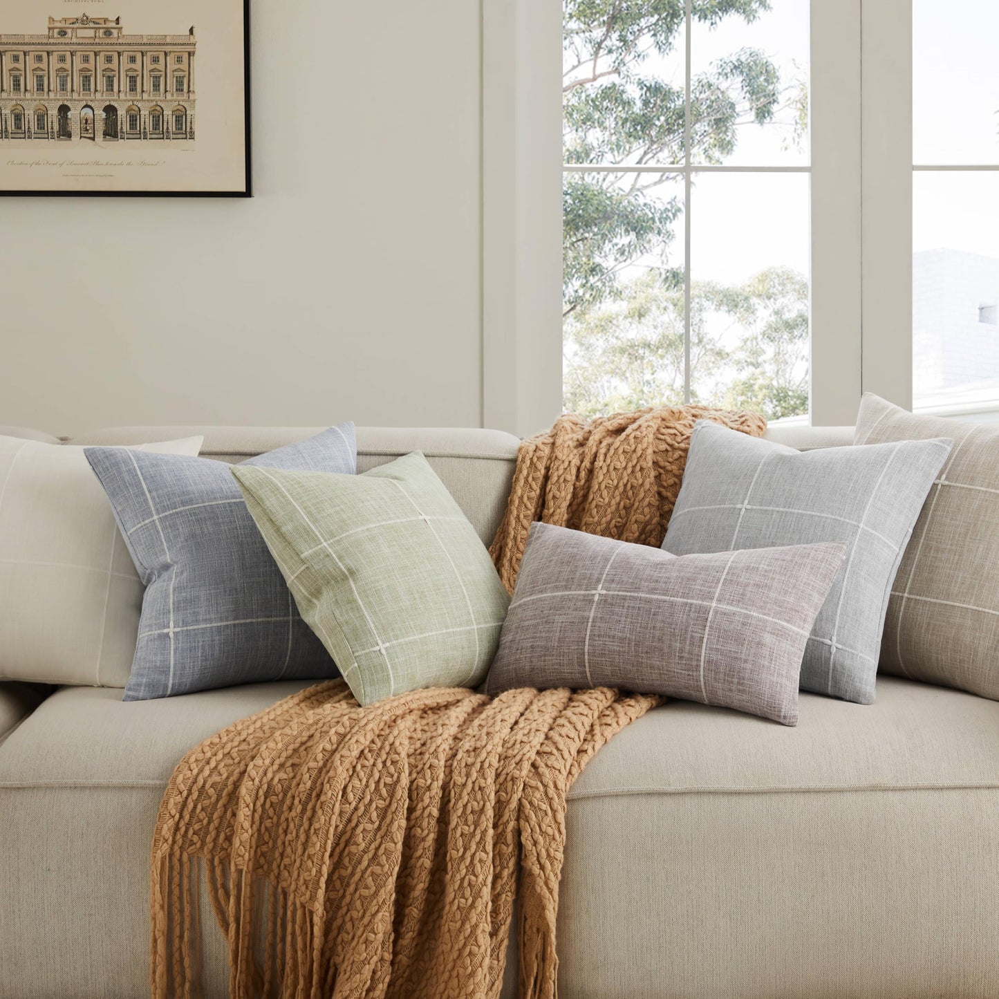 YZJZEDS 2 Packs Grid Embroidery Throw Pillow Covers, 20x20 Inch Green, Farmhouse Cotton Linen Decorative Sage Green Cushion Covers for Sofa Bed Living Room Home Decor