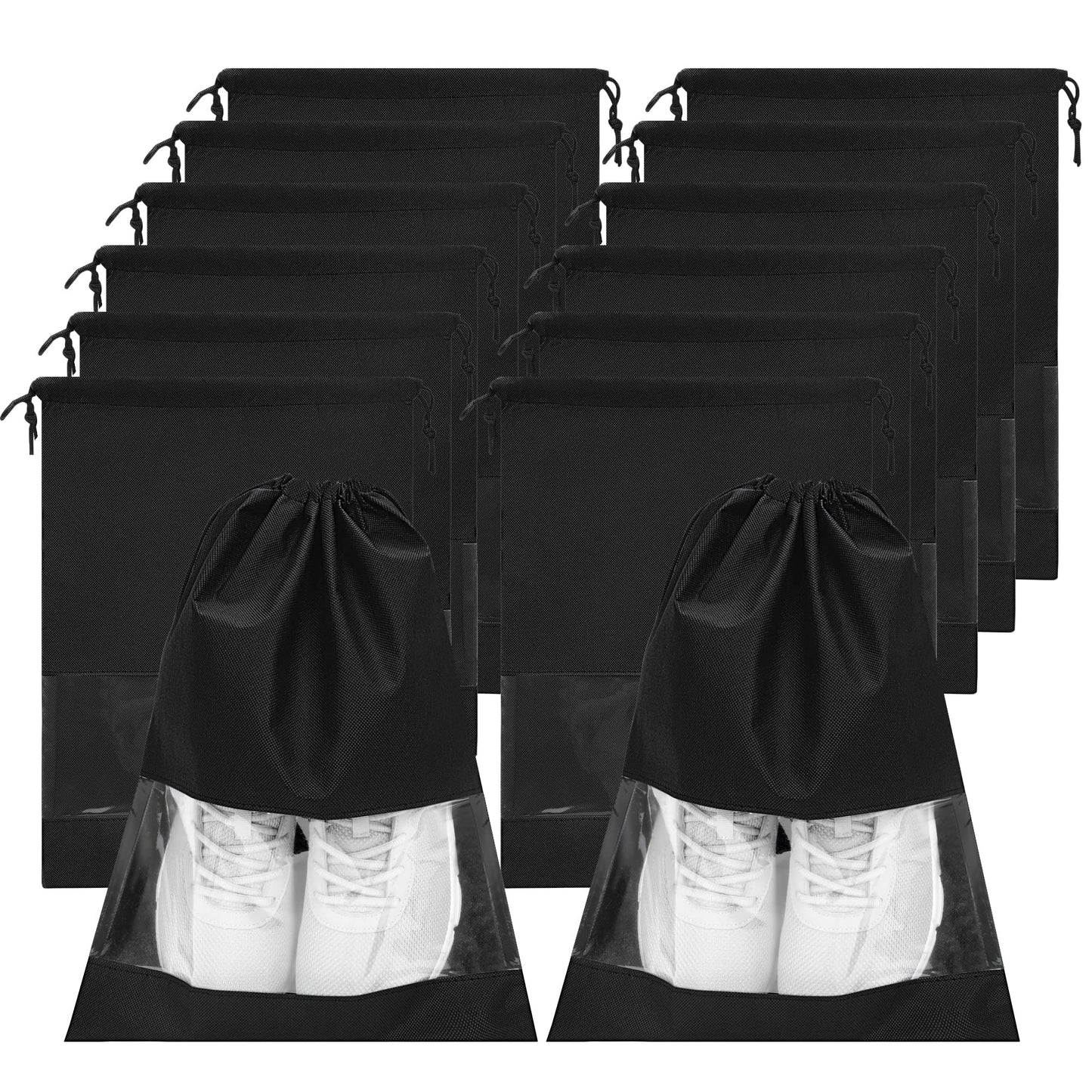 YAMIU 12PCS Shoe Bags for Travel - Large Dustproof Drawstring Shoes Pouch Packing Organizers for Men & Women, Black