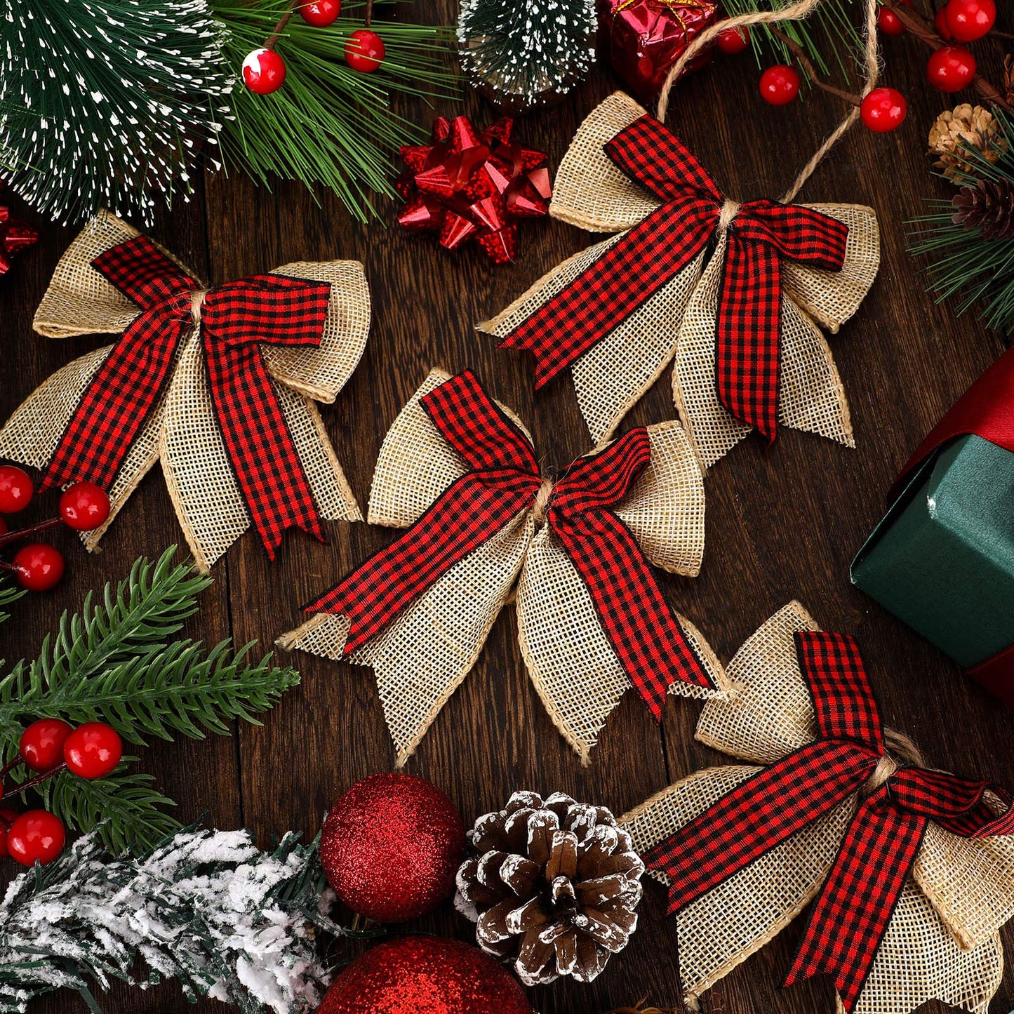 Syhood 12 Pieces Burlap Bows 4.8 x 4.8 Inches for Christmas Tree - Double Layer Plaid Wreath Decorative for Christmas Decorate Tree Festival Holiday Party Supplies (Red and Black)