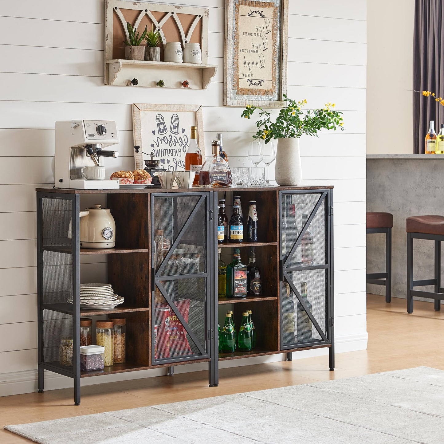 Alaxgumrol Bar Cabinet for Home Kitchen, Small Liquor Cabinet with Shelves & Doors, Farmhouse Buffet Sideboard Accent Coffee Cabinet for Dining Room, Living Room, Hallway Rustic Brown