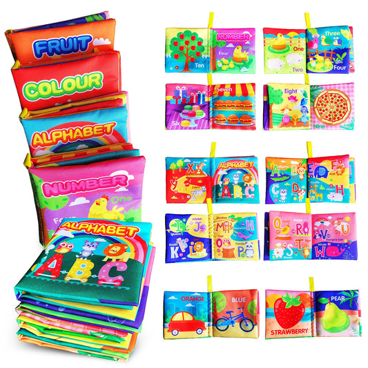 AMINFUN Soft Cloth Baby Book Toy 0-6 Months, Baby Learning Book(ABC-Z,1-10,Colour,Fruit,4 Pack),Touch and Feel Crinkle Book Infants 6-18 Months,Early Educational Toy 0-3, Gift for Babies Infants