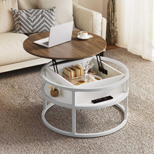 YITAHOME Round Lift Top Coffee Table, Coffee Tables for Living Room with Hidden Storage Compartment, Modern Coffee Table with Storage for Home Office,Round Center Tables Living Room,Brown and White