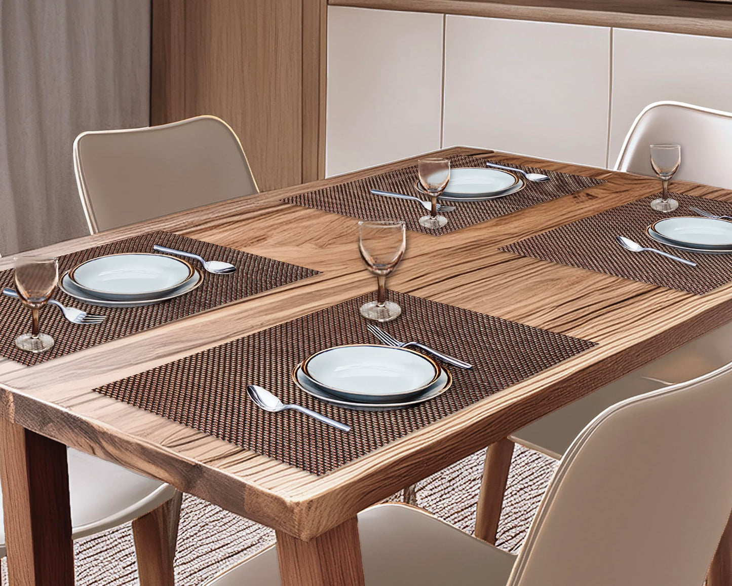 CK Home Vinyl Placemats (18" x 12") Set of 4, Brown Basketweave Table Mats for Indoor or Outdoor, Washable.