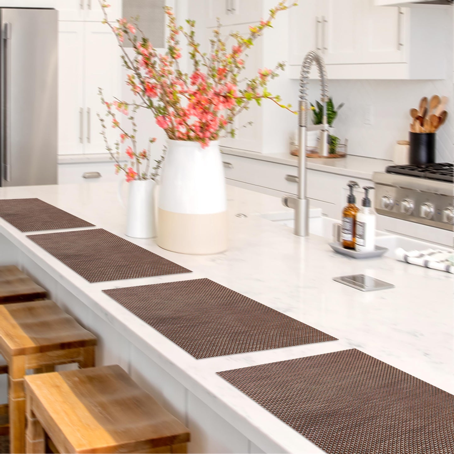 CK Home Vinyl Placemats (18" x 12") Set of 4, Brown Basketweave Table Mats for Indoor or Outdoor, Washable.