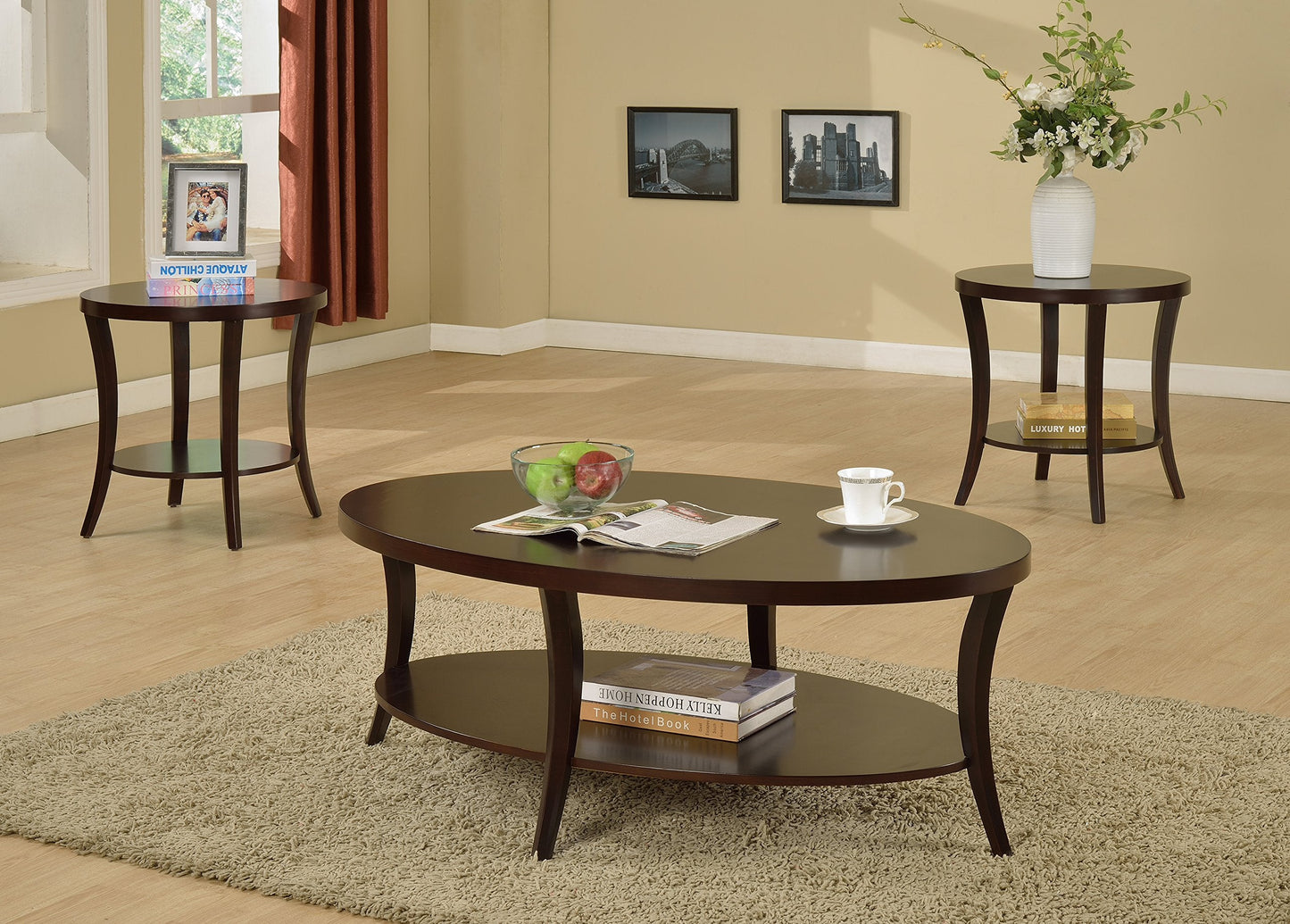 Roundhill Furniture Perth Contemporary Oval Coffee Table with Shelf, Espresso