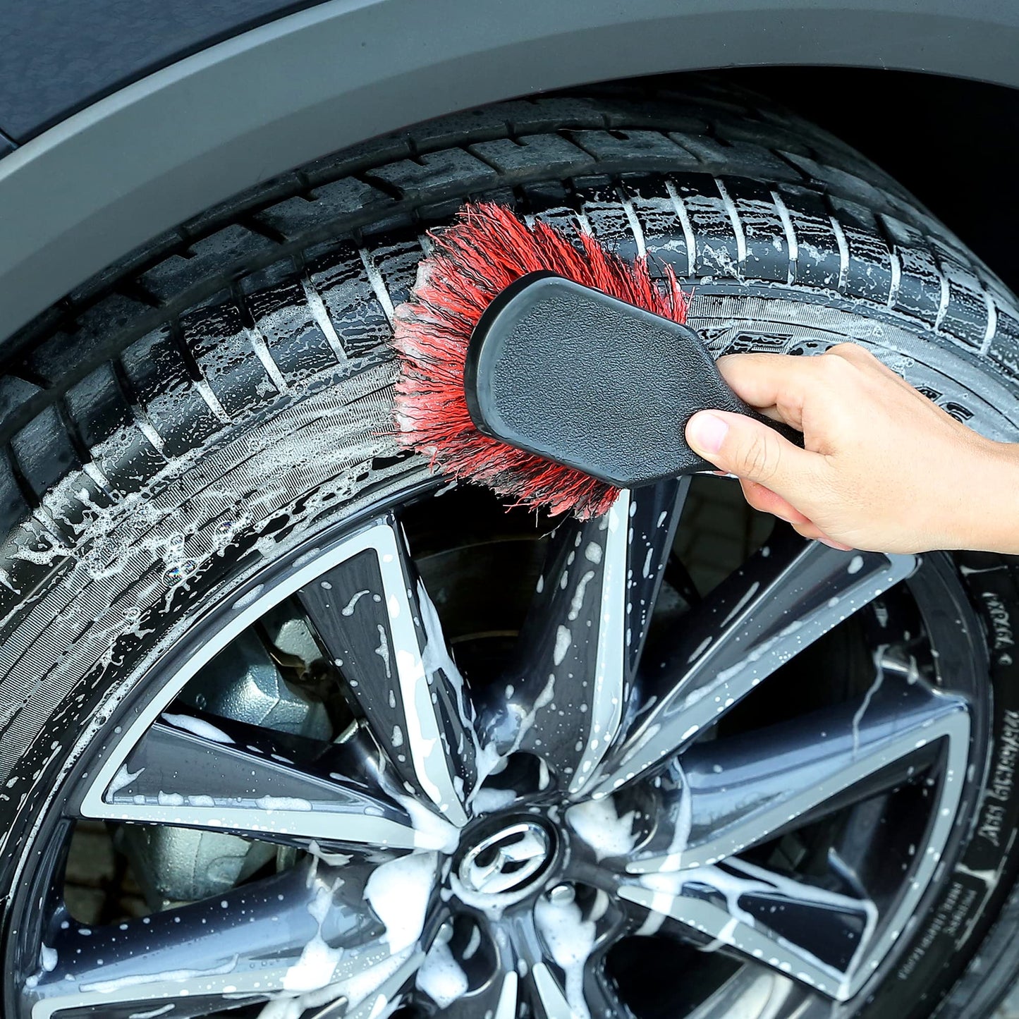 TAKAVU Wheel Tire Brush - Soft Bristle with Short Handle, Included Detailing Brush - Car Cleaning Kit for Rims, Tires, Interior Vents, Emblems - Scratch Safe
