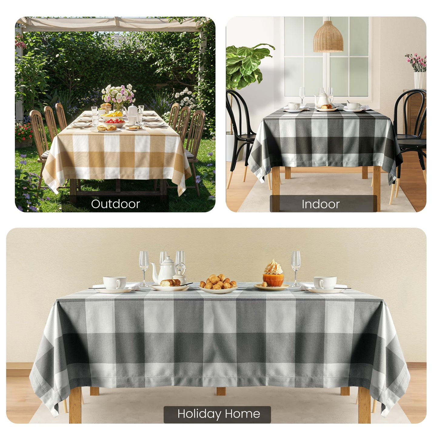 LANE LINEN 60 x 120 Inch Plaid Tablecloth Rectangle - Stain Resistant, Spillproof and Washable Gingham Table Cloth for Outdoor Picnic, Kitchen and Holiday Dinner, Black and White