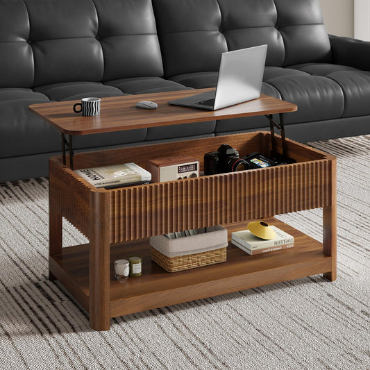Nasonet Lift Top Coffee Table with Storage, Mid Century Modern Coffee Table with Hidden Compartment, Fluted Wood Center Table for Small Space, Living Room, Home Office(Walnut)