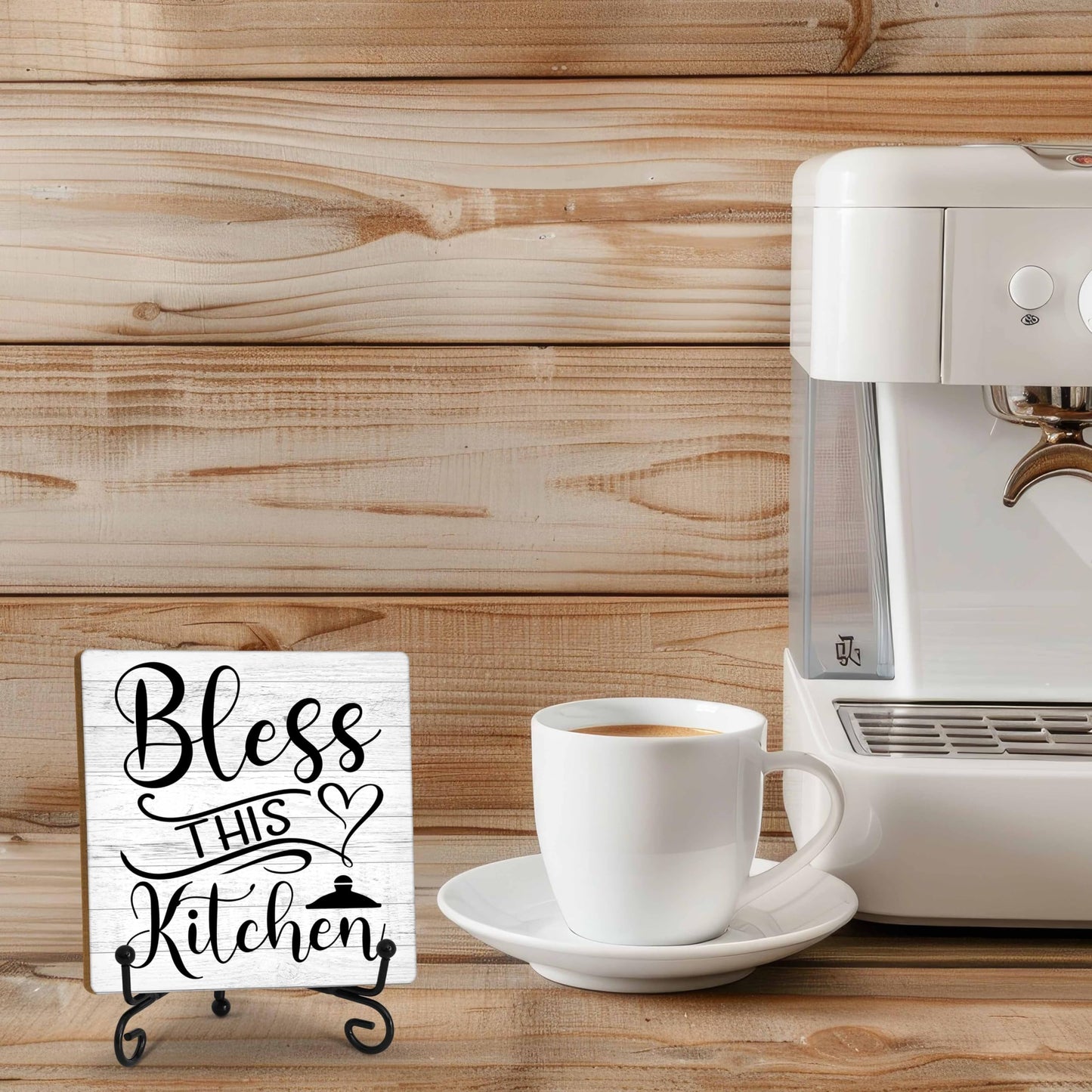 GOLRMC Kitchen Counter Decor, Table Decorations for Dining Room, Blessd Sign, Fun Farmhouse Kitchen Wooden Plaque with Iron Stand for Table Shelf Display-A02